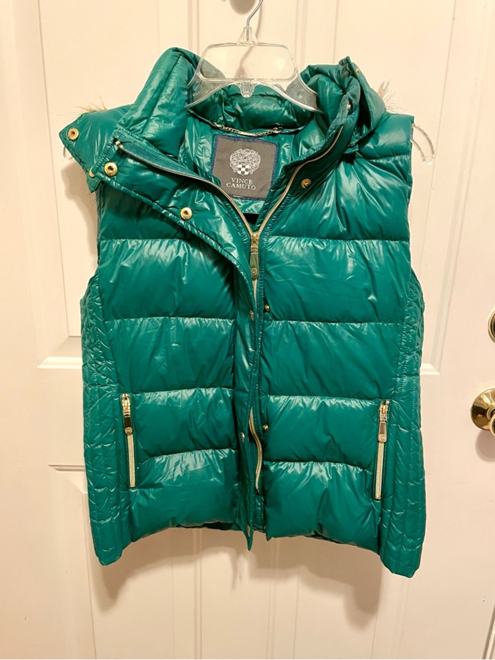 Vince Camuto Green Quilted Puffer Vest with Removable Faux Fur Trim Hood